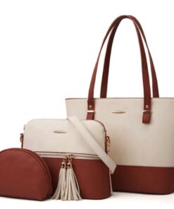 FCG Two-Tone Minimalist 3 Piece Handbag Set: Shoulder Bag, Crossbody, Clutch - Brown & White