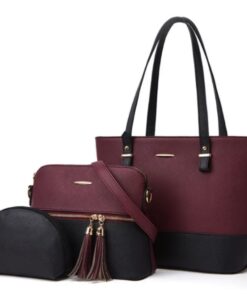 FCG Two-Tone Minimalist 3 Piece Handbag Set: Shoulder Bag, Crossbody, Clutch - Maroon & Black