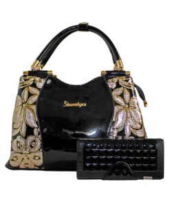 Fino 6228+SK-DK530 Luxury Patent Faux Leather Shoulder Bag with Purse Set - Black