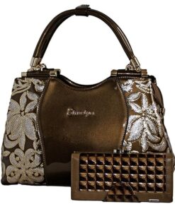 Fino 6228+SK-DK530 Luxury Patent Faux Leather Shoulder Bag with Purse Set - Brown