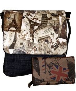 Fino A515-1858+1655-093 Paris Tower Crossbody/ Sling Denim Bag Purse Set - Blue & Brown