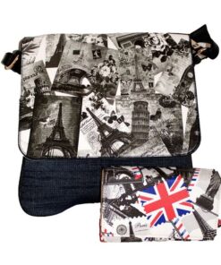 Fino A515-1858+1655-093 Paris Tower Crossbody/ Sling Denim Bag Purse Set - Blue & White