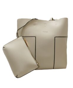 Fino BK-114 Faux Leather 2-in-1 Tote Bag & Pouch Set - Beige