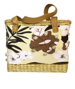Fino CJK-05050 Straw /Canvas Bag with Front Beaded Pattern - Beige