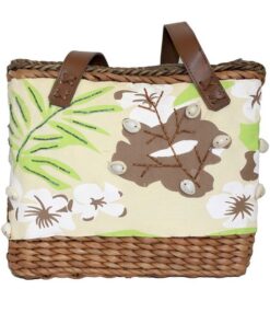 Fino CJK-05050 Straw /Canvas Bag with Front Beaded Pattern - Brown