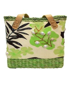 Fino CJK-05050 Straw /Canvas Bag with Front Beaded Pattern - Green