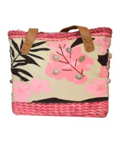Fino CJK-05050 Straw /Canvas Bag with Front Beaded Pattern - Pink