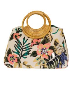 Fino CJK-05051 Embellished Printed Canvas Bag With Bamboo Handle - Beige
