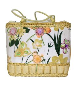 Fino CJK-05052 Straw/Canvas Floral Embellished Beach Bag - Beige