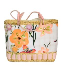 Fino CJK-05052 Straw/Canvas Floral Embellished Beach Bag - Pink