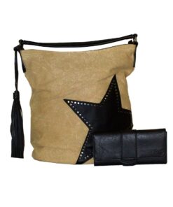Fino F9228+6002-765 Washed Canvas Star Design Faux Leather Shoulder Bag with Purse - Black