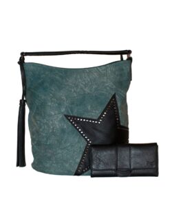 Fino F9228+6002-765 Washed Canvas Star Design Faux Leather Shoulder Bag with Purse - Green