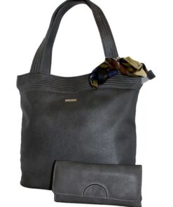 Fino Faux Leather Bag with Scarf Trim & Purse Set Dark Grey