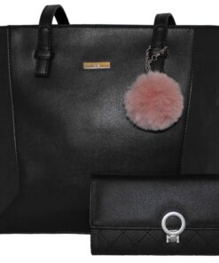 Fino Faux Leather Tote and Removable Pom & Purse Set - Black