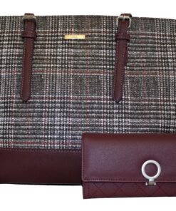 Fino Faux Leather Tote Handbag with Check Print & Purse Set - Burgandy