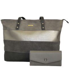 Fino Faux Leather Tote Shoulder Bag And Purse Set Grey