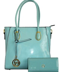 Fino GIO-A002BU+A59 BL Stylish Patent Faux Leather Bag & Purse Set