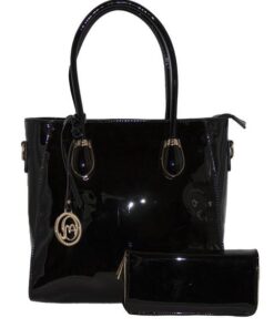 Fino Patent Faux Leather Bag & Purse Set - Black