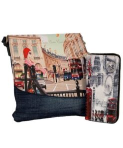 Fino SK-1601 Lady+1604 London Retro Crossbody/ Sling Denim Bag Purse Set