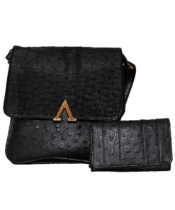 Fino SK-1857+67-093 Faux Leather Ostrich Cross Body Bag & Purse Set - Black