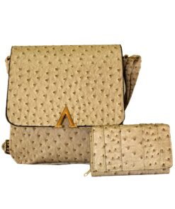 Fino SK-1857+67-093 Faux Leather Ostrich Cross Body Bag & Purse Set - Camel