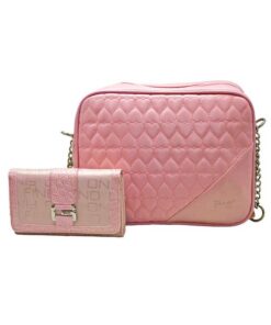 Fino SK-5525+F-093 Quilted Faux Leather Bag & Jacquard Purse Set - Pink