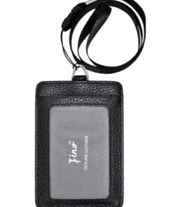Fino SK-BD0693 Full Grain Genuine Leather Unisex Lanyard Card Holder - Black