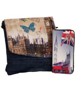 Fino SK1601/A3 BFLY+1602 BUS Vintage Crossbody/ Sling Denim Bag Purse Set