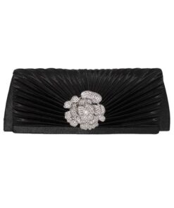 Fino T732 Satin Evening Flower Crossbody Clutch Bag with Chain - Midnight Black