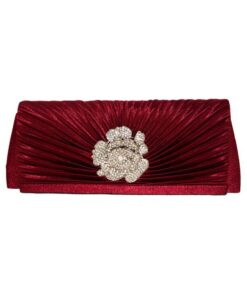 Fino T732 Satin Evening Flower Crossbody Clutch Bag with Chain - Red