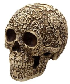 Floral Human Skeleton Skull Figurine - Brown