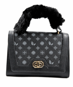 Fur Handle Handbag With Geo Print - Black