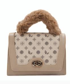 Fur Handle Handbag With Geo Print - Brown