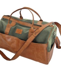 Genuine Leather and Canvas Duffel Bag - Large Khaki - Pecan