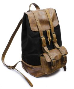 Genuine Leather and Heavy Waxed Cotton Canvas Backpack - Black & Pecan Small