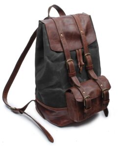 Genuine Leather and Heavy Waxed Cotton Canvas Backpack - Charcoal & Cognac Small