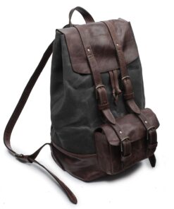 Genuine Leather and Heavy Waxed Cotton Canvas Backpack - Grey & Saddle Small