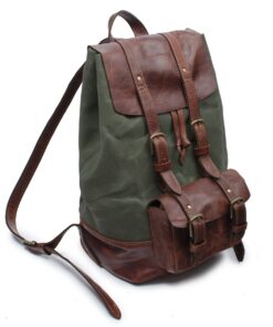 Genuine Leather and Heavy Waxed Cotton Canvas Backpack - Khaki & Cognac Small