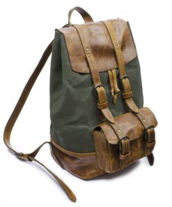 Genuine Leather and Heavy Waxed Cotton Canvas Backpack - Khaki & Pecan Small