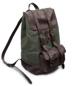 Genuine Leather and Heavy Waxed Cotton Canvas Backpack - Khaki & Saddle Small