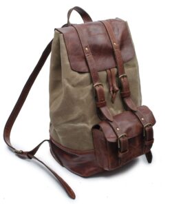 Genuine Leather and Heavy Waxed Cotton Canvas Backpack - Sand & Cognac Small