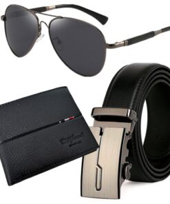 Genuine Leather Belts, Leather Wallets For Men and Polarised Sunglasses - Champagne 27