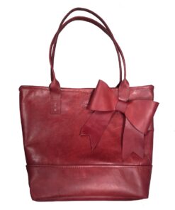 Genuine Leather Bow Tote Handbag - Large - Cherry