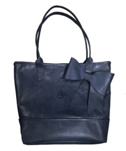 Genuine Leather Bow Tote Handbag - Large - Deep Ocean Navy