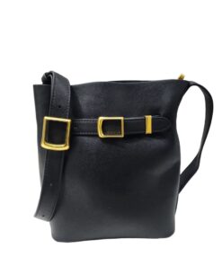 Genuine Leather Bucket-shaped Handbag - BLACK