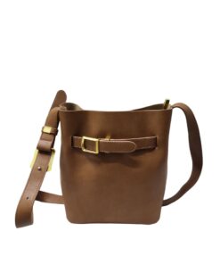 Genuine Leather Bucket-shaped Handbag - BROWN