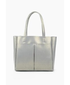 Genuine Leather Crossbody Handbag with 2 Front Deep Pockets - Silver