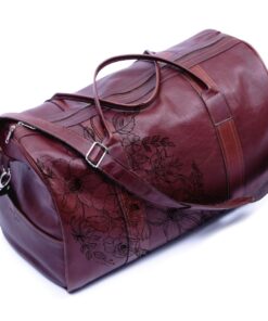 Genuine leather duffel bag - floral illustrated - Cherry