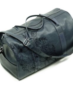 Genuine leather duffel bag - floral illustrated - Navy