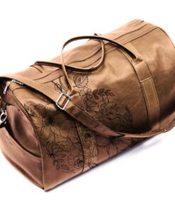Genuine leather duffel bag - floral illustrated - Pecan